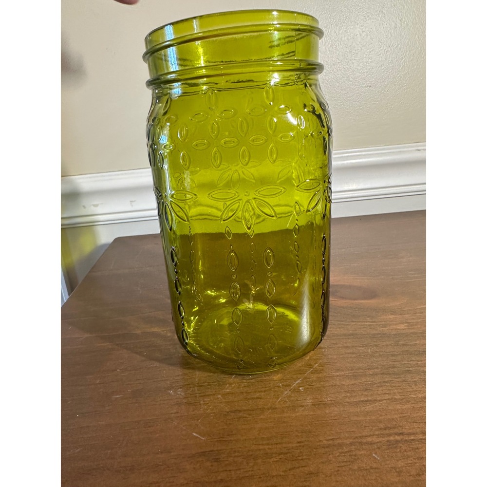 Syndicate Sales Olive Green Glass Jar Embossed Floral Vase EST 1946 Decorative - Picture 3 of 6